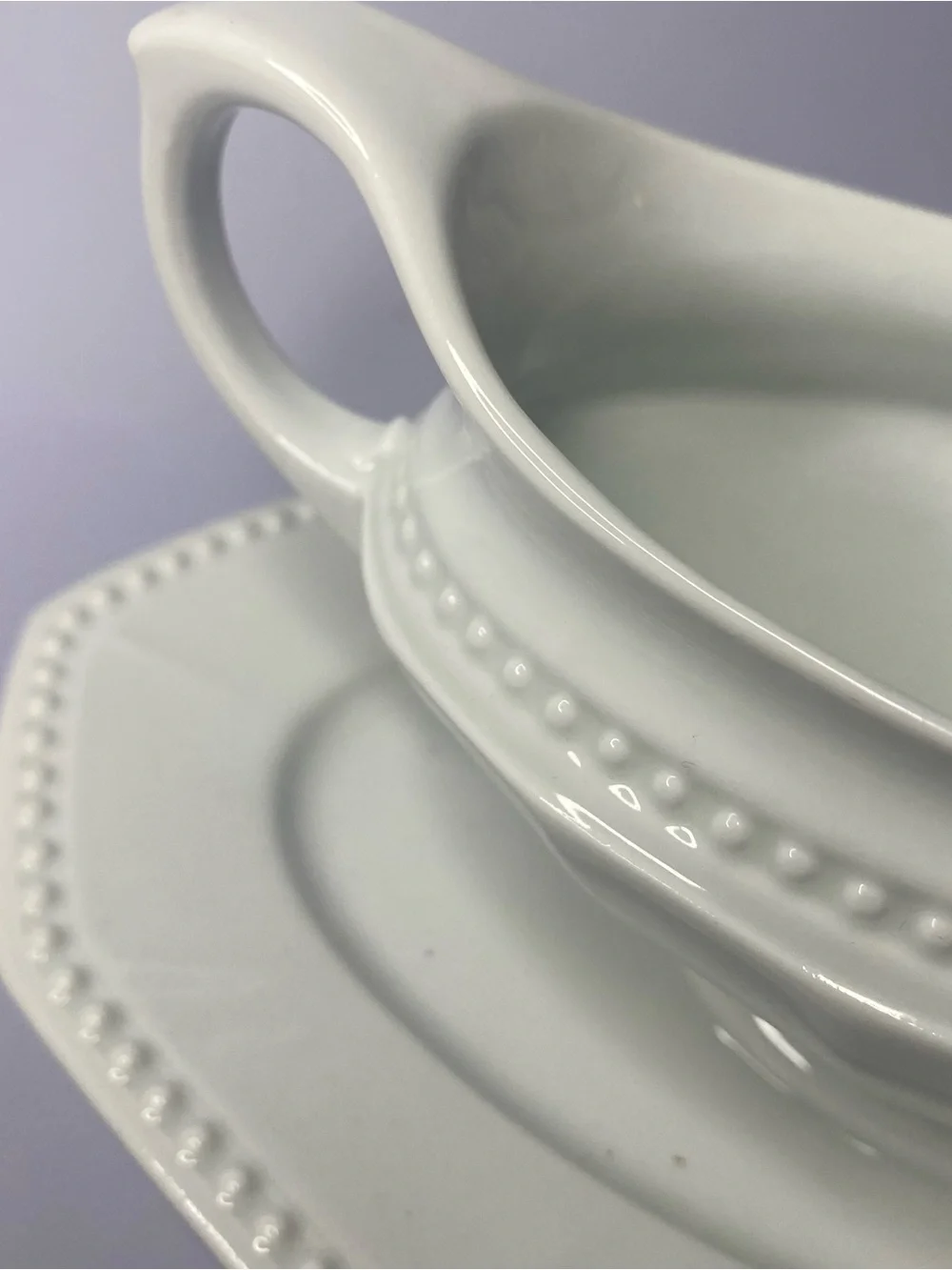 Vintage Hutschenreuther Porcelain Gravy Boat Attached Underplate White Beaded